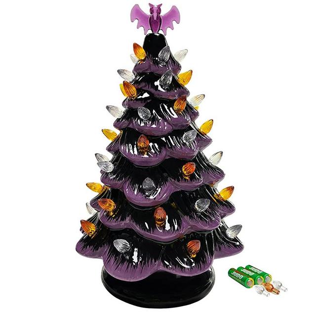 Sunlit Cordless Lighted Halloween Ceramic Vintage Halloween Tree Tabletop Halloween Decorations Pre-Lit Orange & Purple Mini Light Bulbs 12'' AA Battery Operated LED, Black Purple