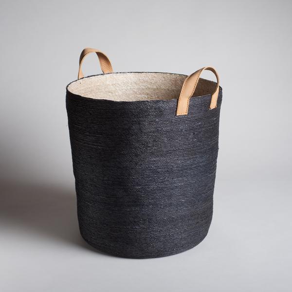 Burkelman Tall Woven Basket With Leather Handles - Black
