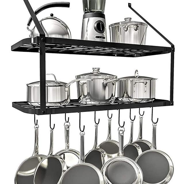VDOMUS Shelf Pot Rack Wall Mounted Pan Hanging Racks 2 Tire (Black)