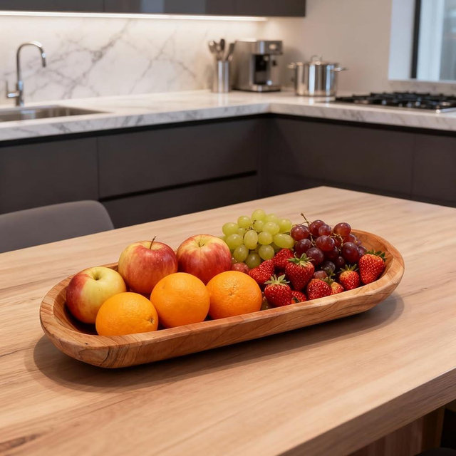 Wenrulgar Large Decorative Dough Wooden Fruit Bowl For Decor Long Rustic Wooden Candle Holder Key Candy Tray For Decor Entry Table Kitchen Centerpiece