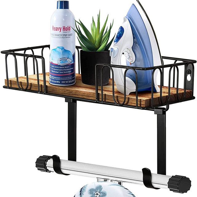 TJ.MOREE Ironing Board Hanger Metal Wall Mount Iron and Ironing Board Holder, Laundry Room Decor and Storage with Large Storage Black Wooden Base Basket and Removable Hooks