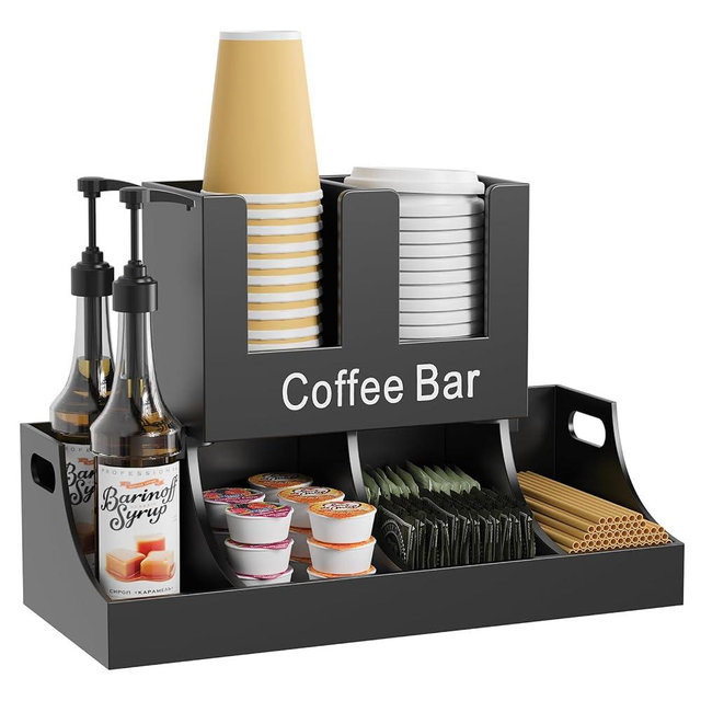 Busidhji Coffee Station Organizer, Wooden Coffee Bar Organizer for Countertop, Condiment and Cup Storage Organizer, Bar Accessories for Kitchen, Office, Home, Black