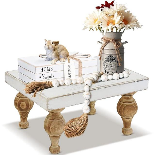 Ameuphercy Decorative Tray Riser Display Stand for Coffee Bar Table Decor Rustic Centerpiece Tray Counter Organizer for Kitchen Farmhouse Pedestal Stand Farmhouse, White with Brown