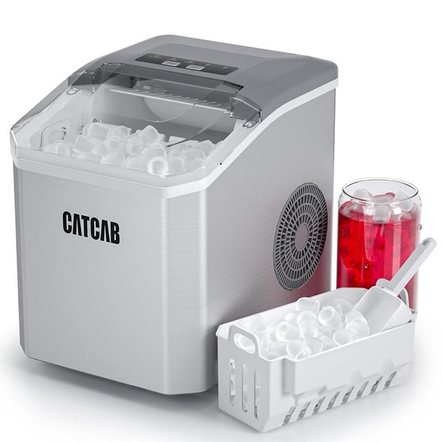Ice Makers Countertop Ice Maker Machine, 9 Cubes in 6 Mins, 26.5Lbs/24H, 2 Sizes of Bullet Ice, Compact Ice Machine with Self-Cleaning, for Home Kitchen Office Party Camping, Stainless Steel Silver