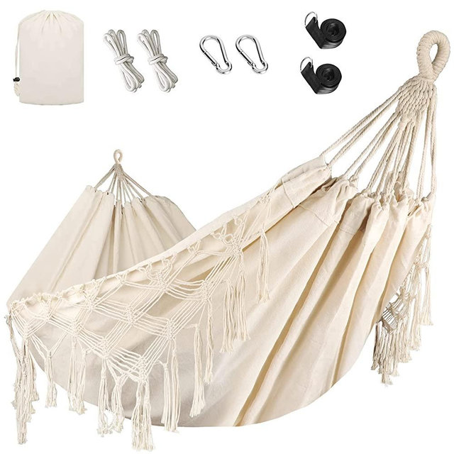 Bellzacasa Double Hammock, Heavy Duty 500 lb Load Capacity Tassels and Fishtail Knitting with Mounting Straps for Outdoor Camping Balcony Patio Beige