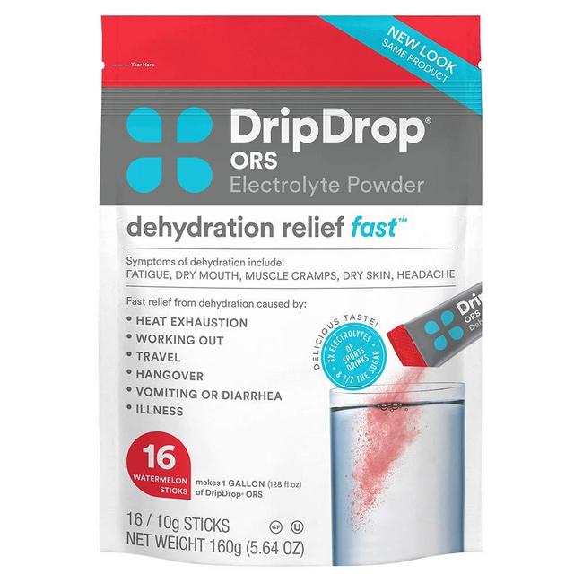 DripDrop ORS – Patented Electrolyte Powder for Dehydration Relief Fast - For Workout, Hangover, Illness, Sweating & Travel Recovery - Watermelon - 16 x 8oz Servings, 16 Count
