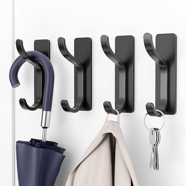 Wall and Door Hooks for Hanging: Adhesive Coat Hooks for Hat, Towel, Purse, Clothes, Keys, Backpack, Hangers for Kitchen, Bathroom, Shower, Heavy Duty Stick On, Hold 13 lb, Stainless, Black 4 Pack
