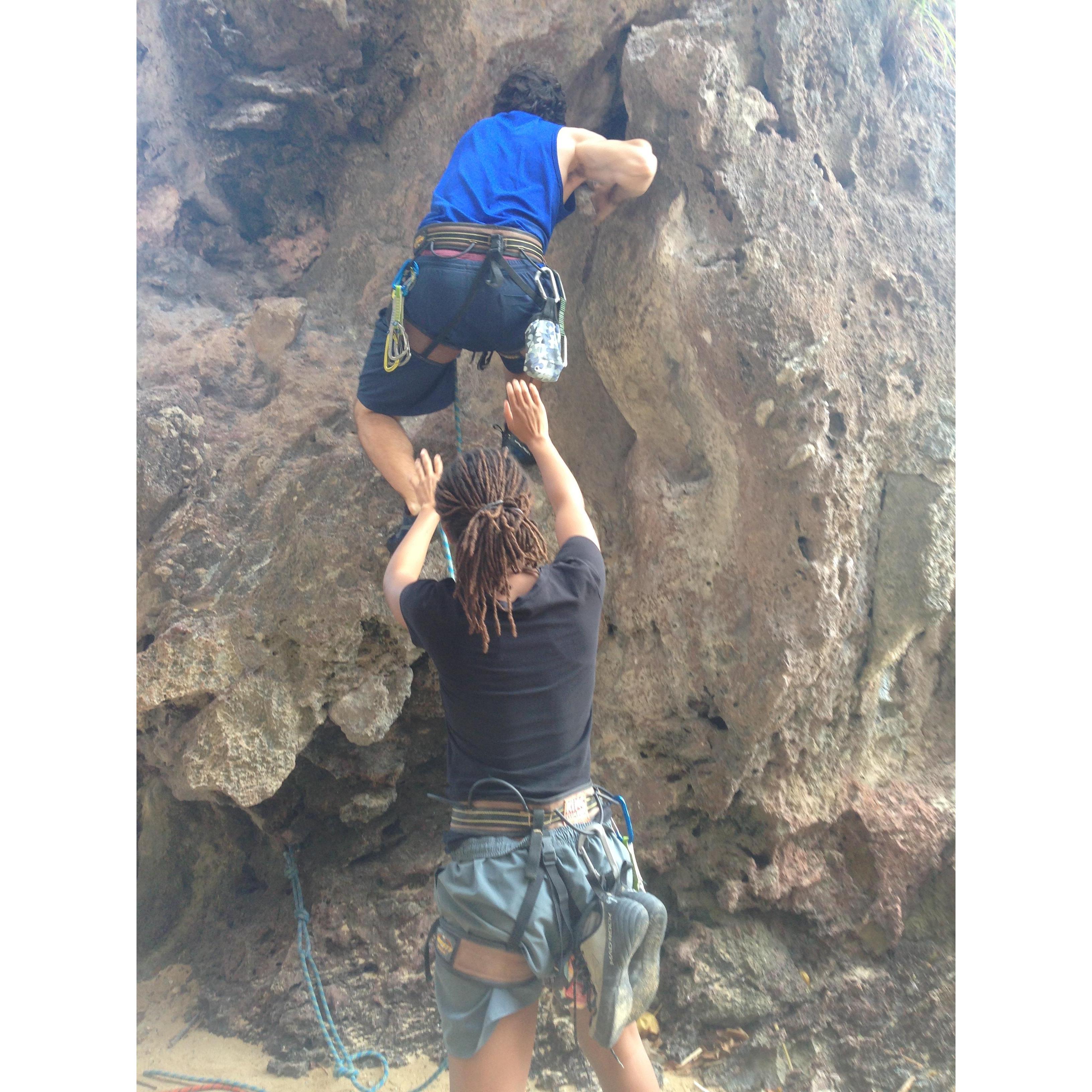 Alana copping a feel while spotting, Railey, Thailand, 2016