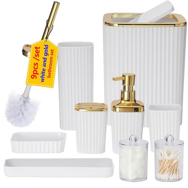 Bathroom Accessories Set,9 Piece White Bathroom Sets Complete with Toothbrush Holder, Trash Can, Lotion Soap Dispenser, Toothbrush Cup, Vanity Tray, Soap Dish, Toilet Brush, Qtip Holder for New Home