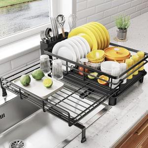 SNTD Dish Drying Rack - Extendable Dish Rack, Large Sink Drying Dish Drainer for Kitchen Counter, Stainless Steel Dish Strainer with Utensil Holder (Black)