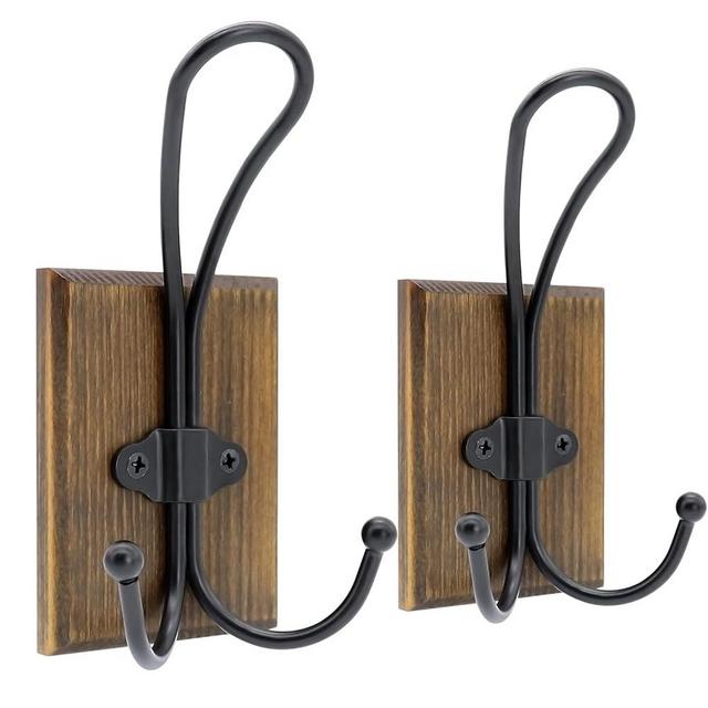 TEGUEPS Wall Hooks for Hanging, 2 Pack Farmhouse Towel Hooks for Bathrooms Wall Mounted, Heavy Duty Rustic Decorative Wood Coat Hooks Hanging Keys Robe Hat for Bedroom, Kitchen,(Weathered Brown)