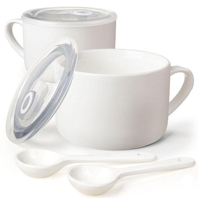 Wareland Soup Bowls with Handles & Spoons, 30oz Ceramic Ramen Bowl with Lid, Large Soup Mugs/Cups for Instant Noodle, Big Cereal Bowls for Oatmeal, Soup Containers with Lids, Set of 2, White