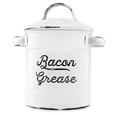 AuldHome Grease Container, White Enamelware Bacon Grease Can with Strainer, Farmhouse Style, Keto-Friendly