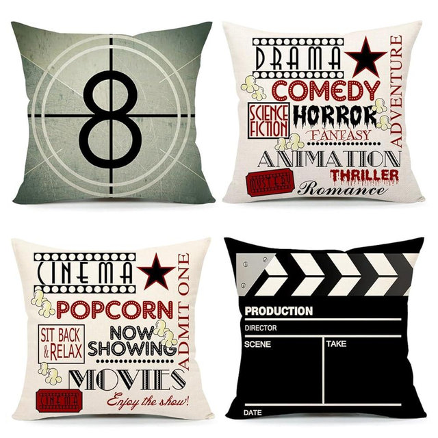 4TH Emotion Home Movie Theater Pillow Covers Set of 4 18x18 Inch, Vintage Movie Room Accessories, TV Room Decorations, Retro Cinema Throw Cushion Case for Sofa Couch
