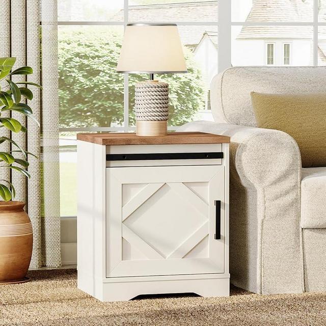 WAMPAT End Table, Pedestal Side Table with Drawer and Cabinet Wood Bedside Table Nightstands for Living Room Bedroom，Cream White