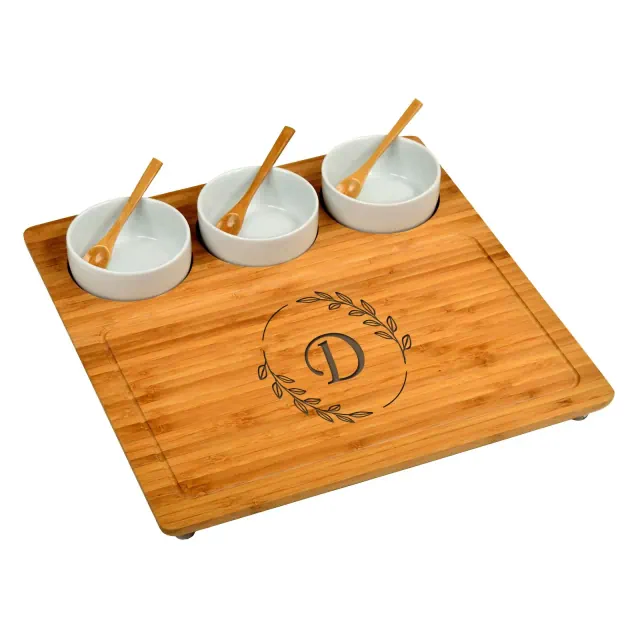 Picnic at Ascot Personalized Bamboo Cheese, Charcuterie Board with Ceramic Ramekins