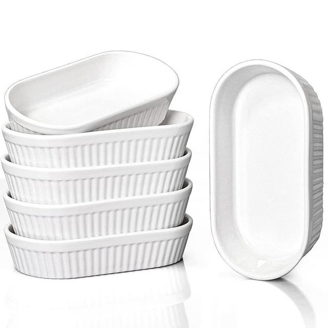 Delling 8 Oz Ramekins - Souffle Dishes Oven Safe, Oval Ramekins for Baking Crème Brulee, Porcelain Dessert Bowls, Set of 6, White