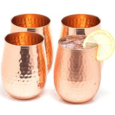 Copper wine glasses set of 4 – 17oz gleaming 100% solid hammered copper stemless wine cups – a perfect gift set for men and women – great copper tumblers for red or white wine and Moscow mules.
