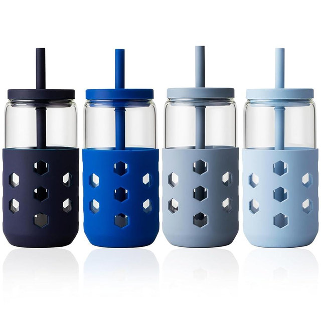 Mrsdry Glass Cups with Lids and Straws (4 Pack), 16oz Drinking Glasses Set with Silicone Sleeves for Coffee Bar Accessories Iced Coffee Cups with Lids, Glass Tumbler Reusable for Gifts