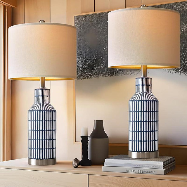 USumkky Table Lamps - Bedside Lamps Set of 2 - Modern Living Room Lamps - Blue Ceramic Lamps for Bedroom - Small Table Lamps 25" Nightstand Lamps