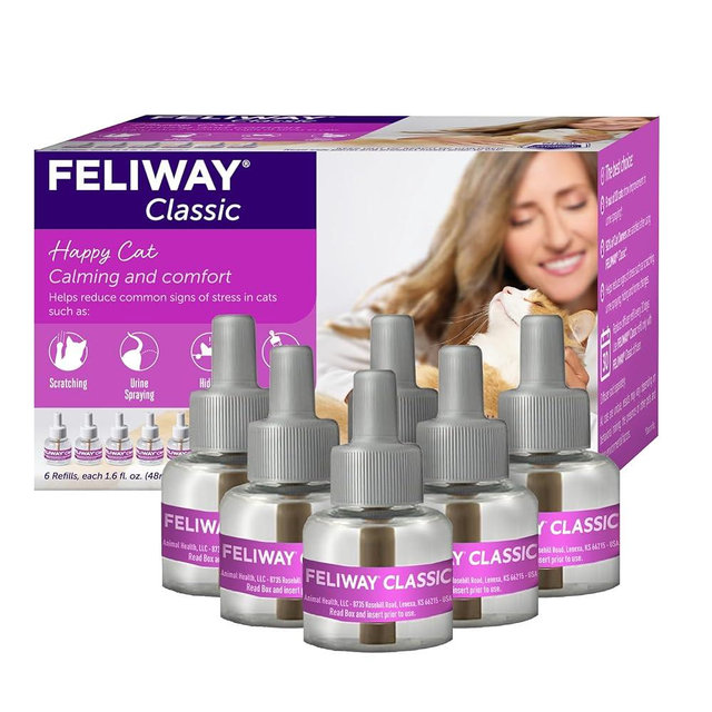 FELIWAY® Classic 6 x 30 Day Cat Calming Refills for Pheromone Diffuser, 6 x 48ml Value Pack - Helps Reduce Common Signs of Stress in Cats & Kittens, Enhanced Calming