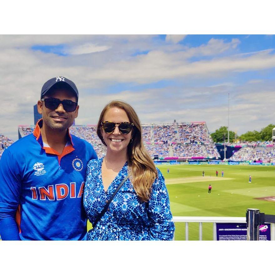 Our first photo together! Kelsey's first time attending a cricket match (India v US World Cup)!