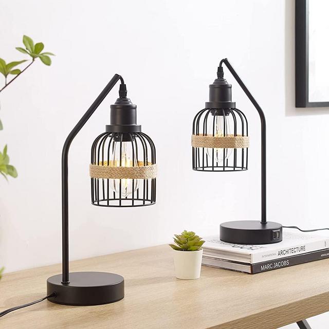 Industrial Table Lamp Set of 2, Vintage Black Bedside Lamp with Dual USB Charging Ports, 3-Way Dimmable Touch Control Farmhouse Lamps with Metal Cage Shade for Bedroom Office (2 LED Bulbs Included)