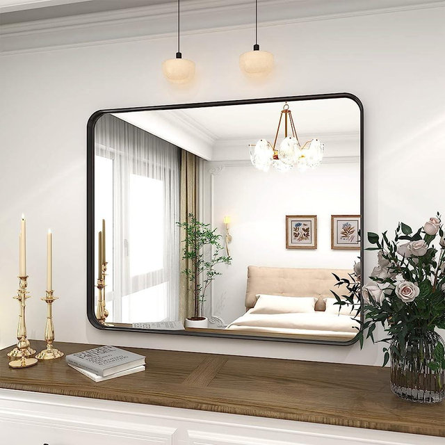 VooBang Bathroom Mirror 24x32 inch, Black Deep Frame Mirror for Wall, Modern Round Corner Vanity Wall Mirror for Bedroom, Living Room, Horizontal or Vertical
