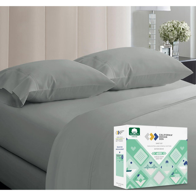 5-Star Luxury Sheet Set | 600 Thread Count 100% Cotton Sateen | Soft & Crisp Bed Sheets with Deep Pockets by California Design Den - Light Gray, King
