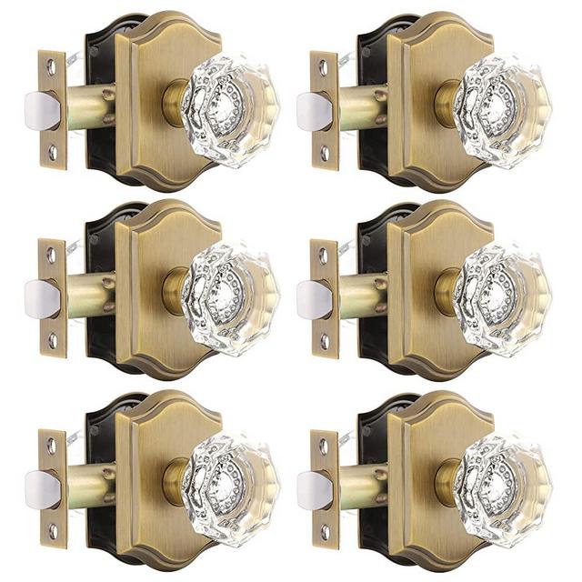 Heavy Duty Gobrico Crystal Glass Door Knobs 6 Pack,Passage Function for Interior Room,Keyless Snowflake Crystal Door Handles for Hall Closet Pantry,Antique Brass Finish