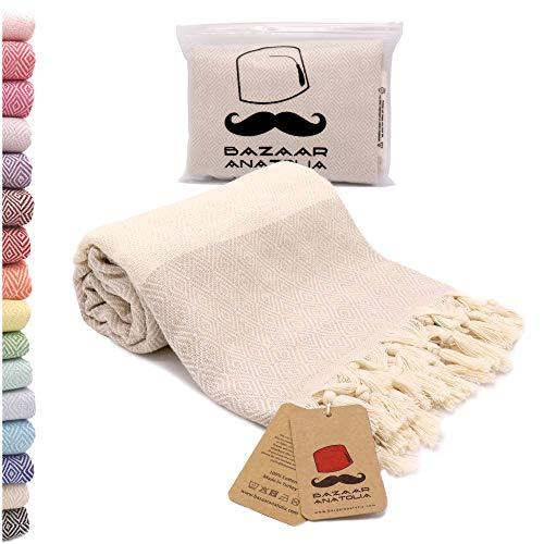 Bazaar Anatolia Diamond Turkish Towel 100% Cotton Peshtemal Bath Towel 77x38 Thin Lightweight Travel Camping Bath Sauna Beach Gym Pool Blanket Fouta Bridesmaid Gift Quick Dry Towels (Cream)