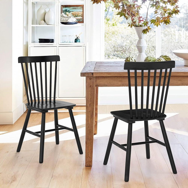 LUE BONA Dining Chairs Set of 2, Windsor Dining Chair, Spindle Back Wood Dining Chair, Kitchen Chairs Wooden Dining Chair, Farmhouse Dining Chairs for Kitchen and Dining Room, Black