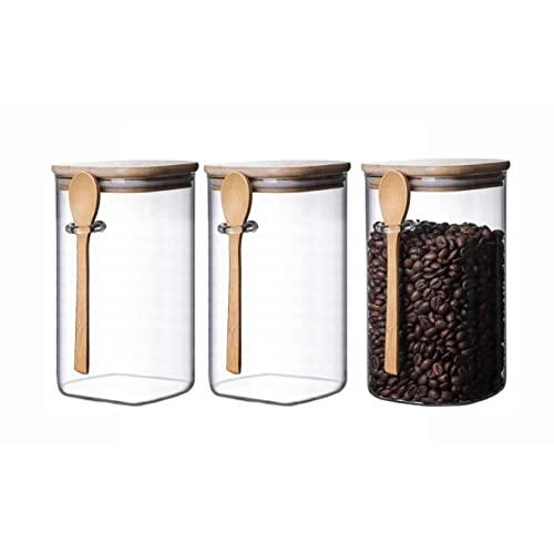 3 Pc Clear Square  Glass Storage Jar with Bamboo Lids With bamboo Spoons - Airtight Food Jars - Glass Kitchen Containers for Pantry, Countertop  { Size 7 X 4  X 4 Inch }
