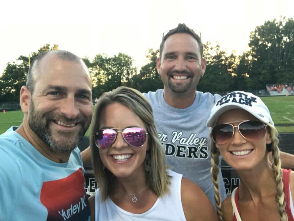 With Becky’s childhood/high school/adulthood best friend, Brooke, and her fiancé, Jason. 2018