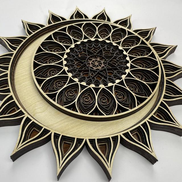 Sun and Moon Wood Wall Art Decoration - Layered Sun and Moon Wooden Mandala Wall Art - Crescent Moon Phase Decor