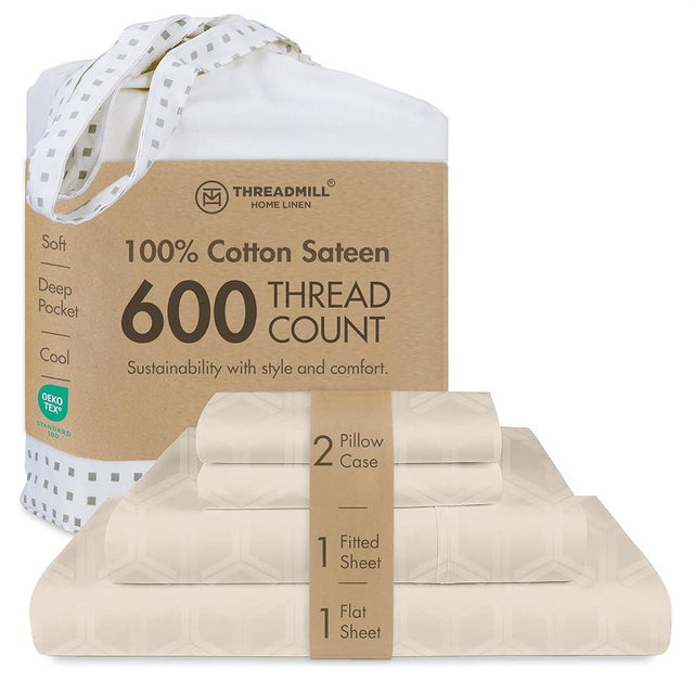 Threadmill 100% Cotton Sheets for Queen Size Bed - 600 Thread Count Queen Bed Sheets Set with 16” Deep Pocket - Jacquard Sateen Weave 4-Piece Bedding Set with Cooling Effect, Beige