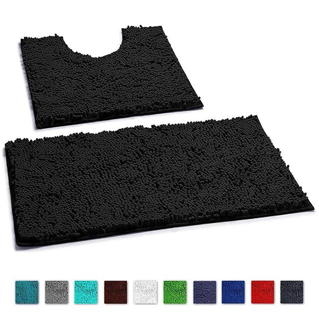 LuxUrux Bathroom Rugs Luxury Chenille 2-Piece Bath Mat Set, Soft Plush Anti-Slip Bath Rug +Toilet Mat.1'' Microfiber Shaggy Carpet, Super Absorbent Machine Washable Bath Mats (Curved Set, Black)