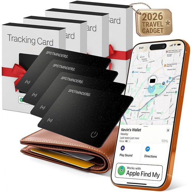 SPOTMINDERS Apple MFI Certified Wallet Tracking Card Black 4-Pack - Works with Apple Find My Rechargeable Tracker IP68 Waterproof 0.07in Slim iPhone Item Finder Smartcard for Luggage Tags Purse Keys