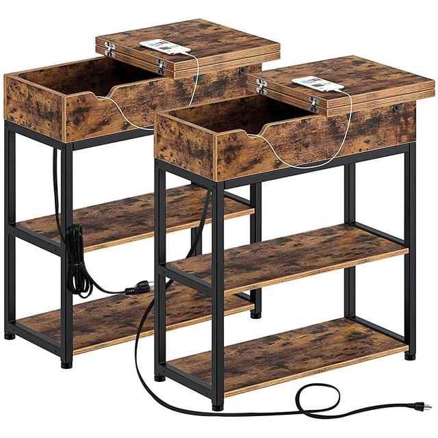 Rolanstar End Table with Charging Station, Narrow Flip Top End Side Table with Storage Shelf and USB Ports & Power Outlets, Nightstand Sofa Table for Living Room, Bedroom Rustic Brown 2 Pack