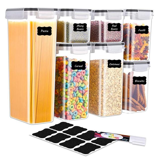 BINLAN Food Storage Containers - [7 Piece] Airtight Food Storage Containers - Large Kitchen Pantry Storage Container Set - Dispenser Keepers with 20 Labels & Pen - Black