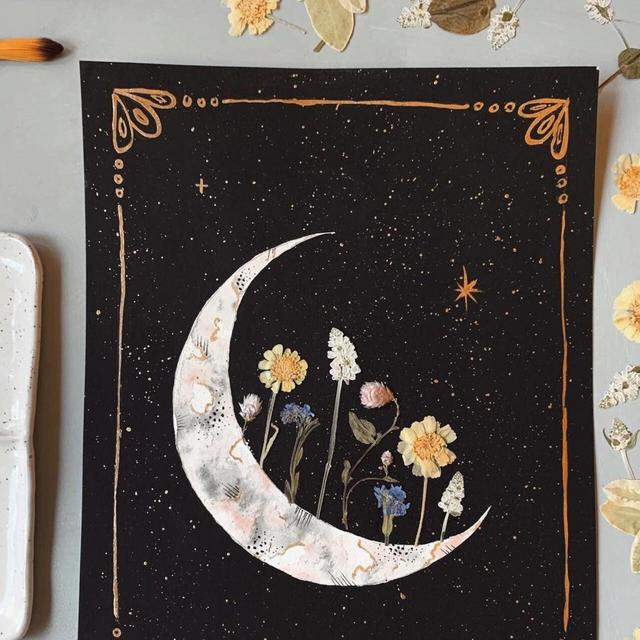 EMBELLISHED PRINT: "Blooming Crescent" watercolor + acrylic, pressed flowers + gold
