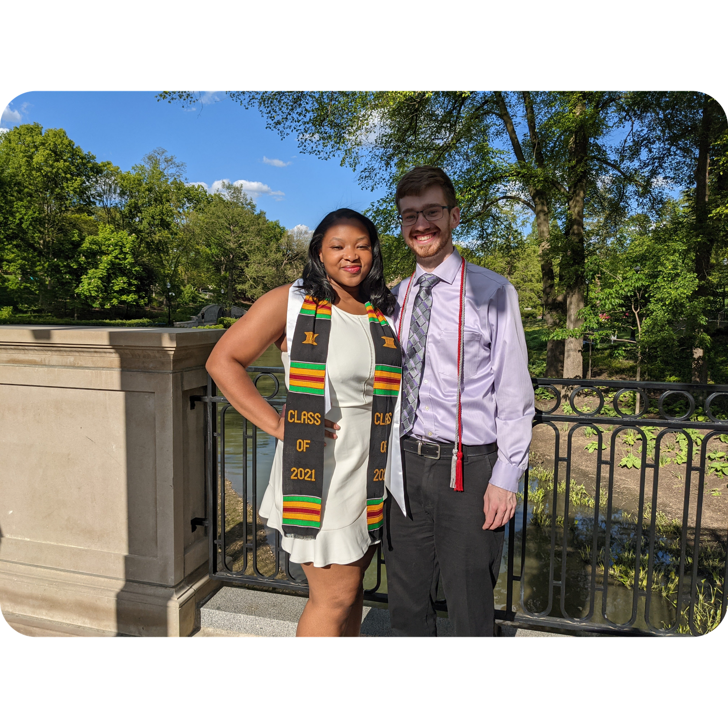 May 2021: Graduation photos in front of Mirror Lake