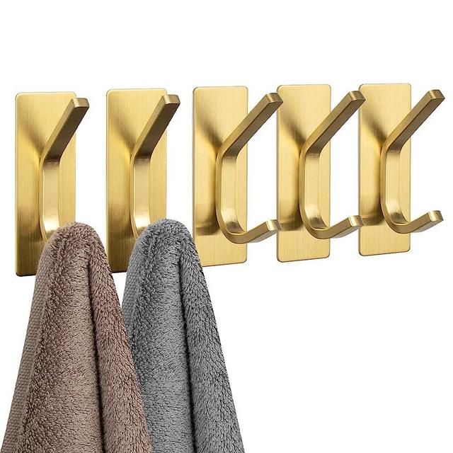 NearMoon Adhesive Hooks, Stainless Steel Bath Towel Holders No Drilling Rustproof Wall Hooks for Coat Bag Key Hat, Stick on Wall Robe Hangers for Bathroom Livingroom Kitchen, 5 Pack (Brushed Gold)