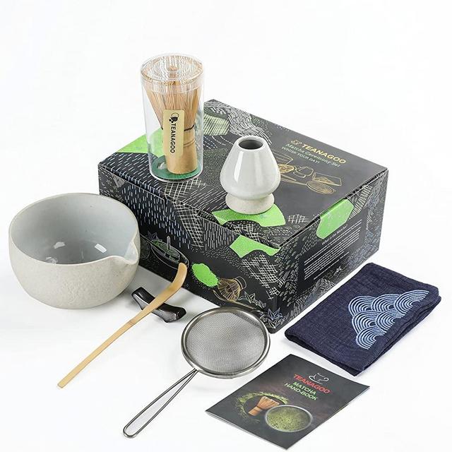 Japanese Tea Set (7pcs) Matcha Whisk Set Matcha Bowl with Pouring Spout Bamboo Matcha Whisk (chasen) Scoop (chashaku) Matcha Whisk Holder Tea Making Kit. N3, Lt. Grey, Matcha Green Tea Powder