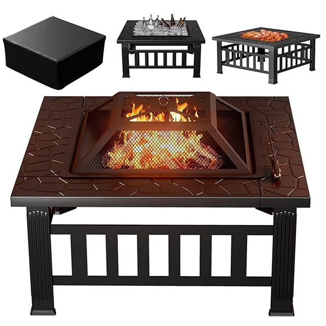 Devoko 32 inch Metal Outdoor Fire Pit Table Multiuse Square Patio BBQ Firepit with Spark Screen Lid and Waterproof Cover for Camping, Outside Wood Burning and Picnic