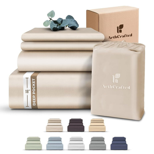 ArthCrafted 100% Eucalyptus Tencel Queen Bed Sheets, 18 Inch Deep Pocket Queen Sheets, Cooling Sheets with Elastic Corner Straps, Eucalyptus Silk Tencel Lyocell (Oat Milk, 4PC Queen)