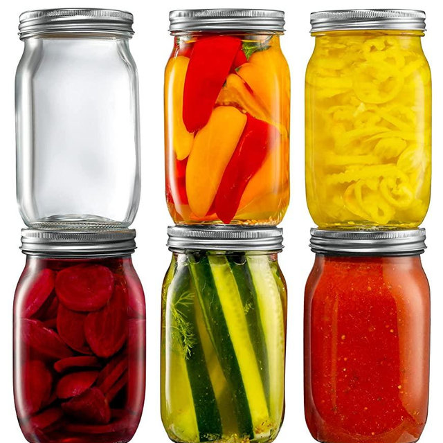 [6 Pack] 32 oz. Wide-Mouth Glass Mason Jars with Metal Airtight Lids and Bands 1 quart Large for Canning, Preserving, & Meal Prep