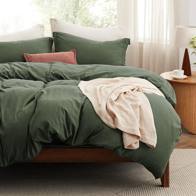 Bedsure California King Size Duvet Cover with Fitted Sheet - 4 Pieces Prewashed Polyester Extra Soft Bedding Set, Includes 1 Duvet Cover 104x98 Inches, 2 Pillow Shams, 1 Fitted Sheet, Olive Green