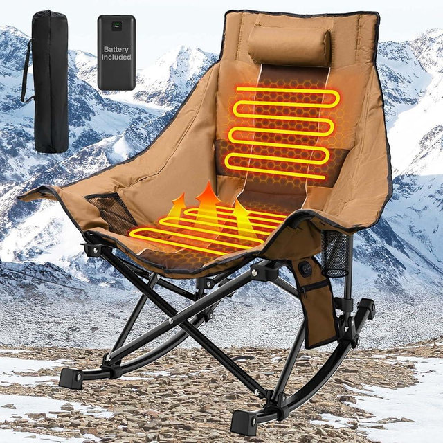 SOROVEE Heated Camping Chair Oversize, XL Heated Rocking Chair with 3 Levels for Back and Seat, Portable Outdoor Heated Folding Chair, Heavy Lawn Chair for Camping