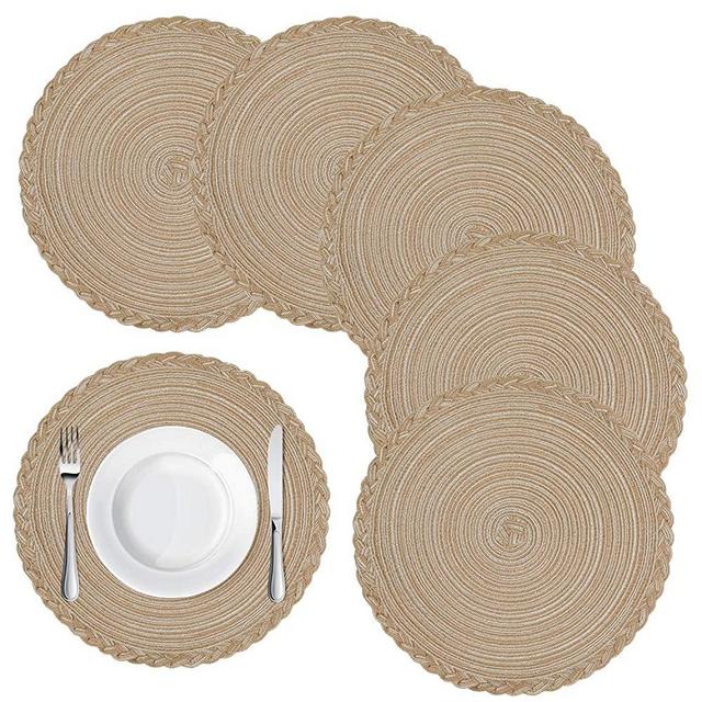 Homaxy Round Braided Placemats for Dining Table Set of 6 - Woven Heat Resistant Non-Slip Kitchen Table Mats, 14" Diameter, Khaki